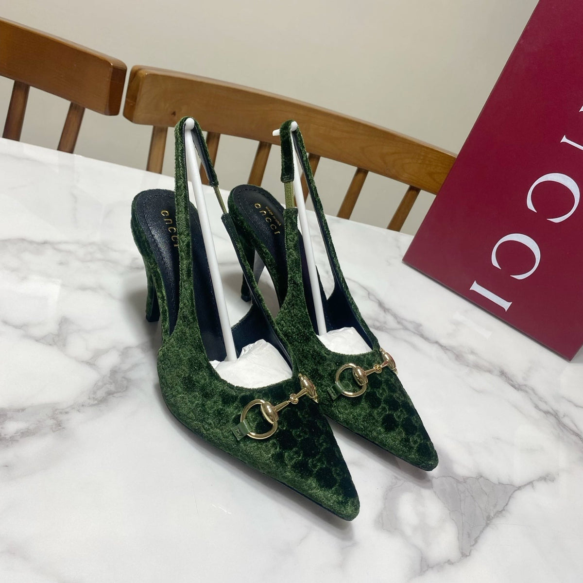 Gucci 26s Slingback Heels 8.5cm Dark Green Velvet