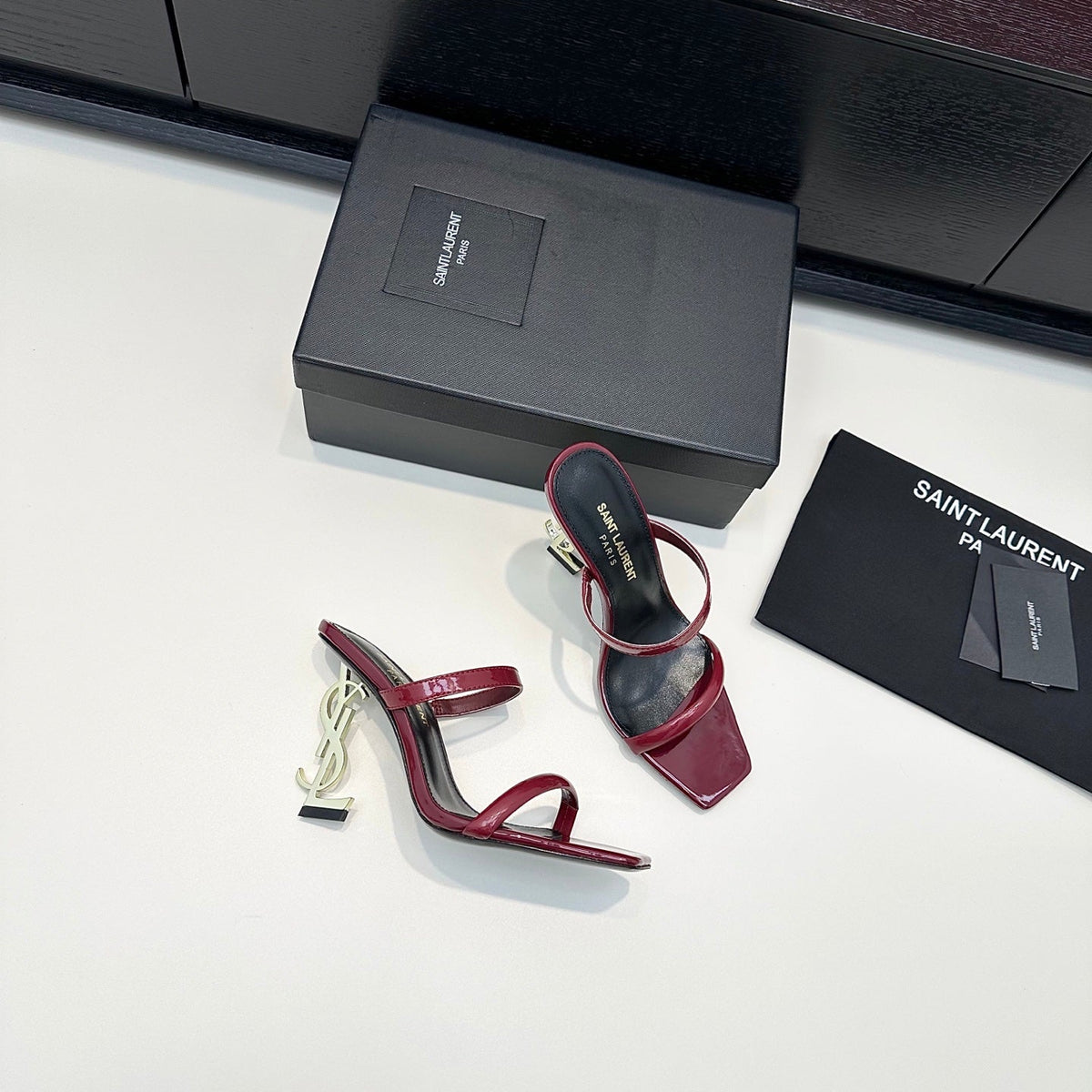 YSL 26S Double-Strap Heeled Sandals 100 Mm Dark Red Calfskin