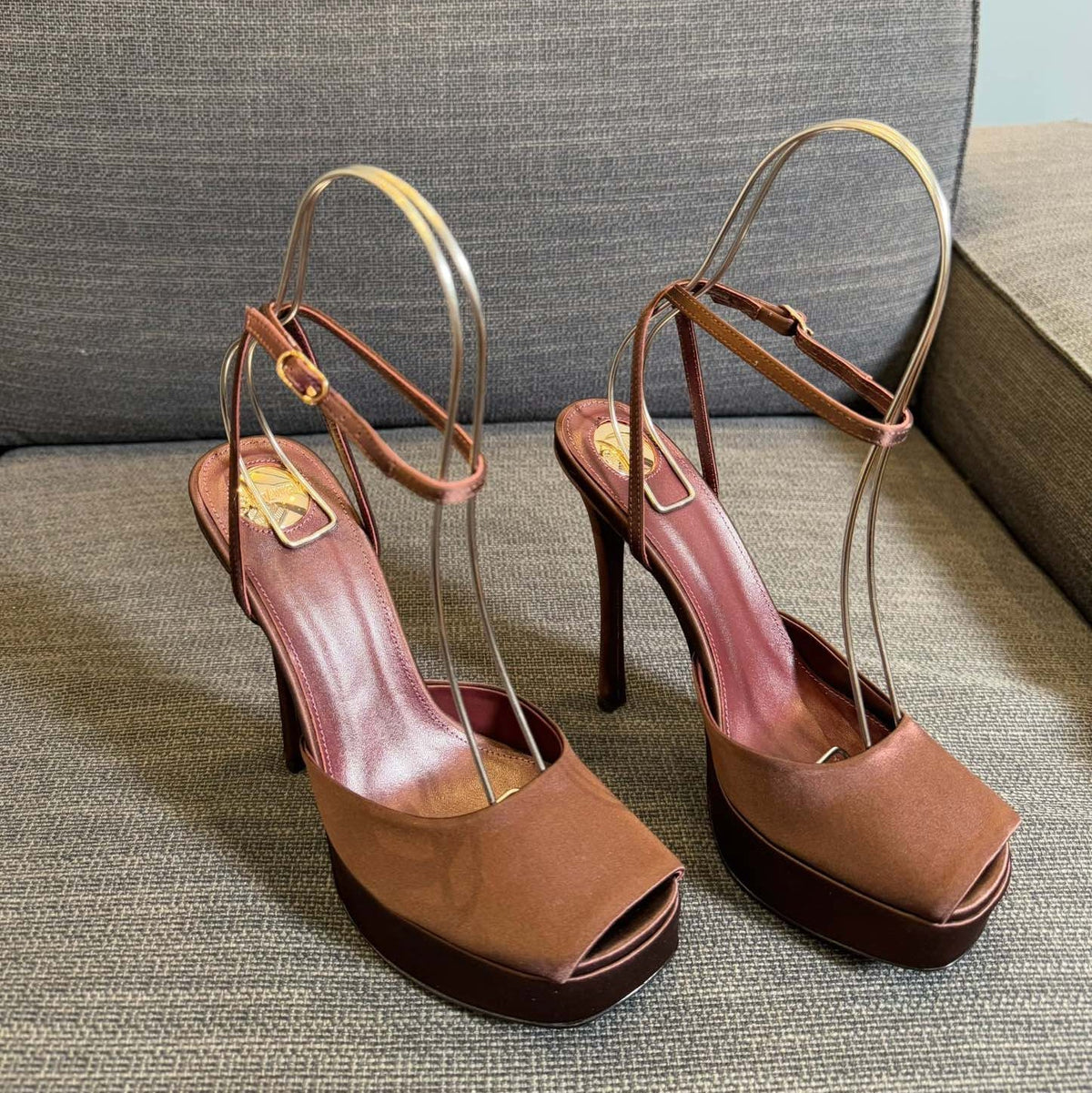 YSL 26S Platform Sandals 150 Mm Brown Satin