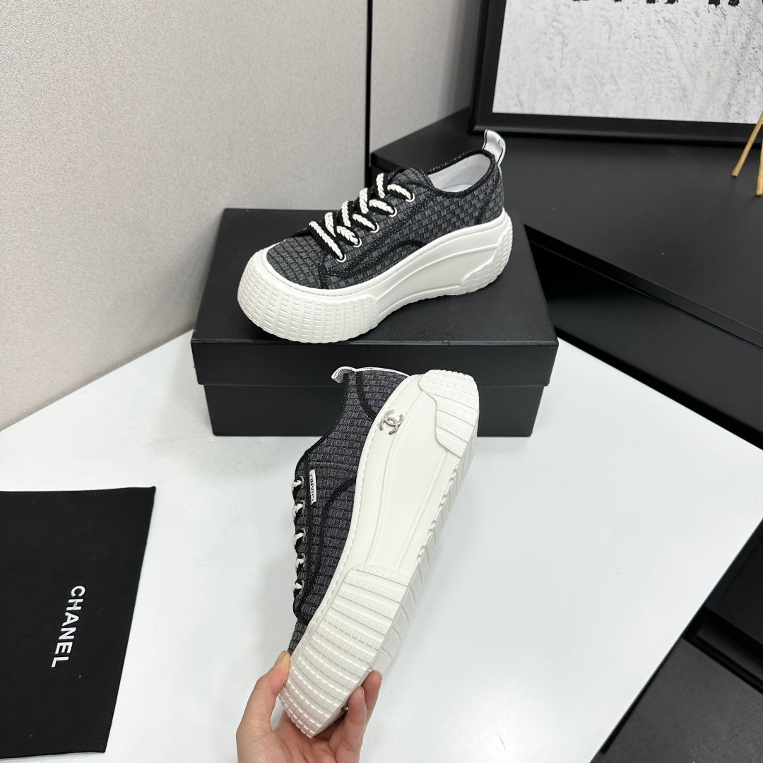 CC 26S Chunky Sneakers in Black Checkered Woven Fabric