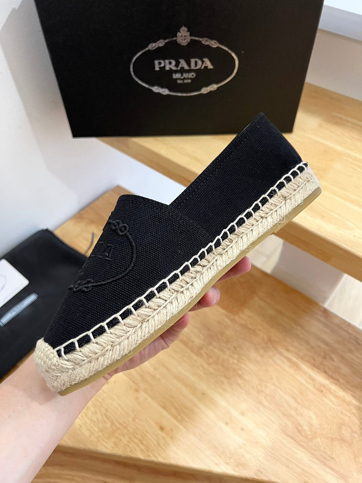 Prada 26s Embroidered Logo Espadrille Flats Black Canvas