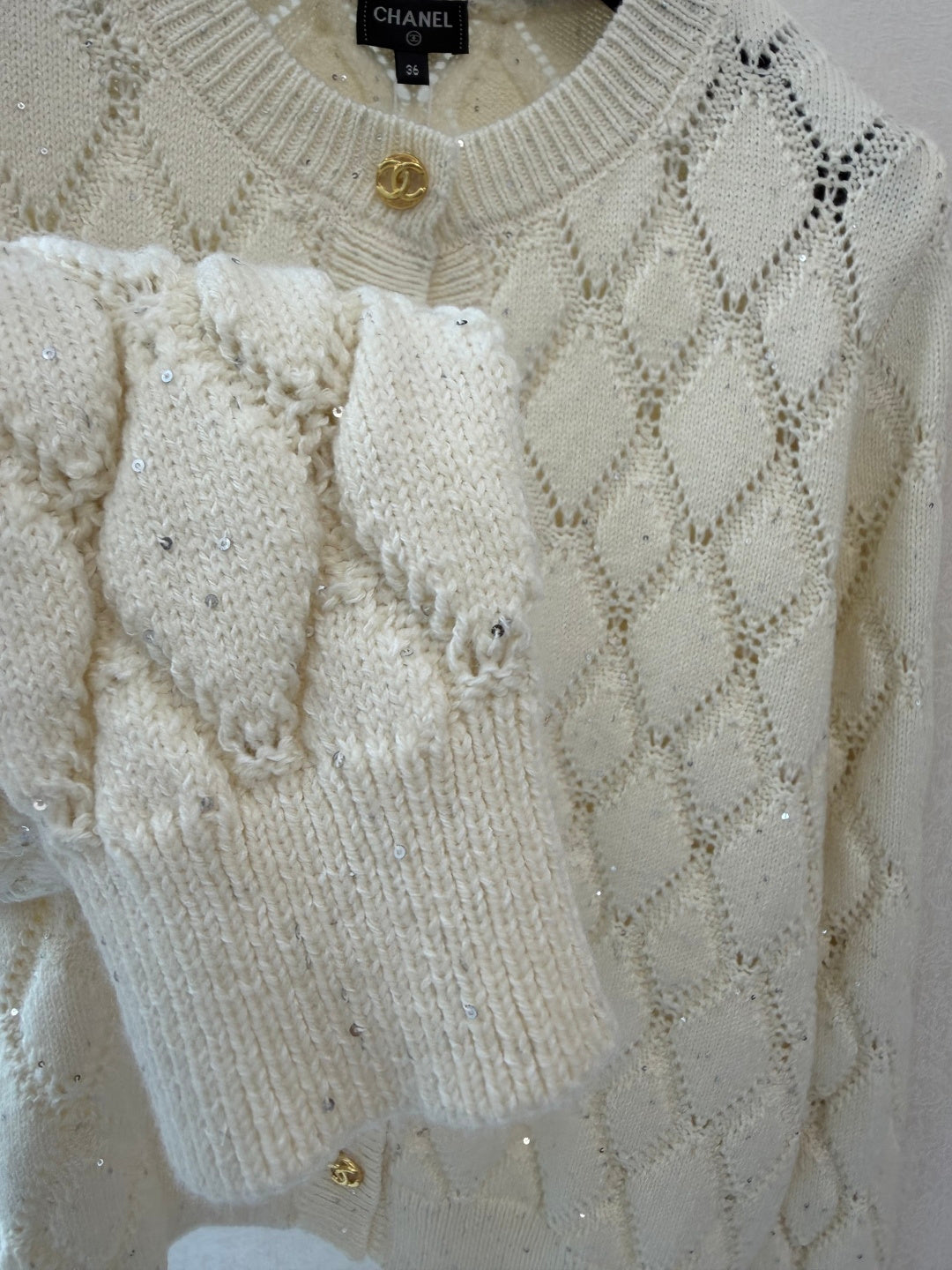 CC 26S Diamond Knit Cardigan Gold Buttons Off-White Cashmere 433642