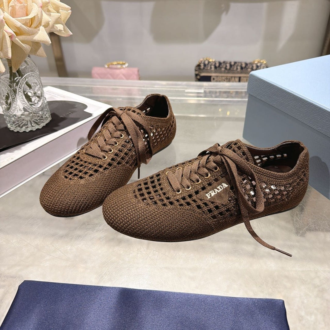 Prada 26s Lace Up Openwork Knit Sneakers Dark Brown Knit Fabric