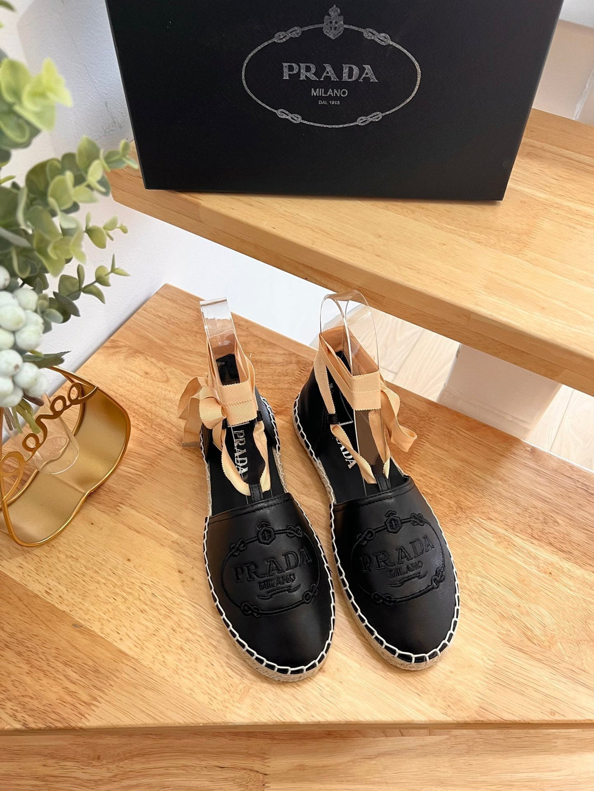 Prada 26s Lace Up Espadrille Flats Black Calfskin