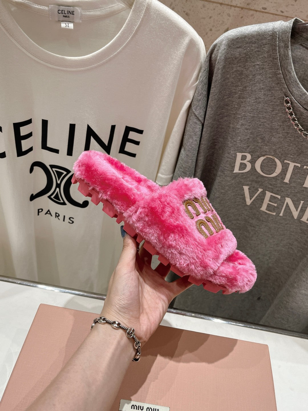 Miumiu 26s Flat Slides Pink Shearling