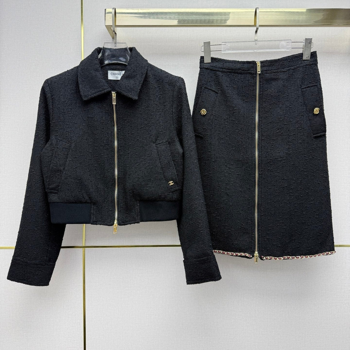 CC 26SS Tweed Zip-Up Jacket & High-Waisted Midi Skirt Set Black Cotton 437540