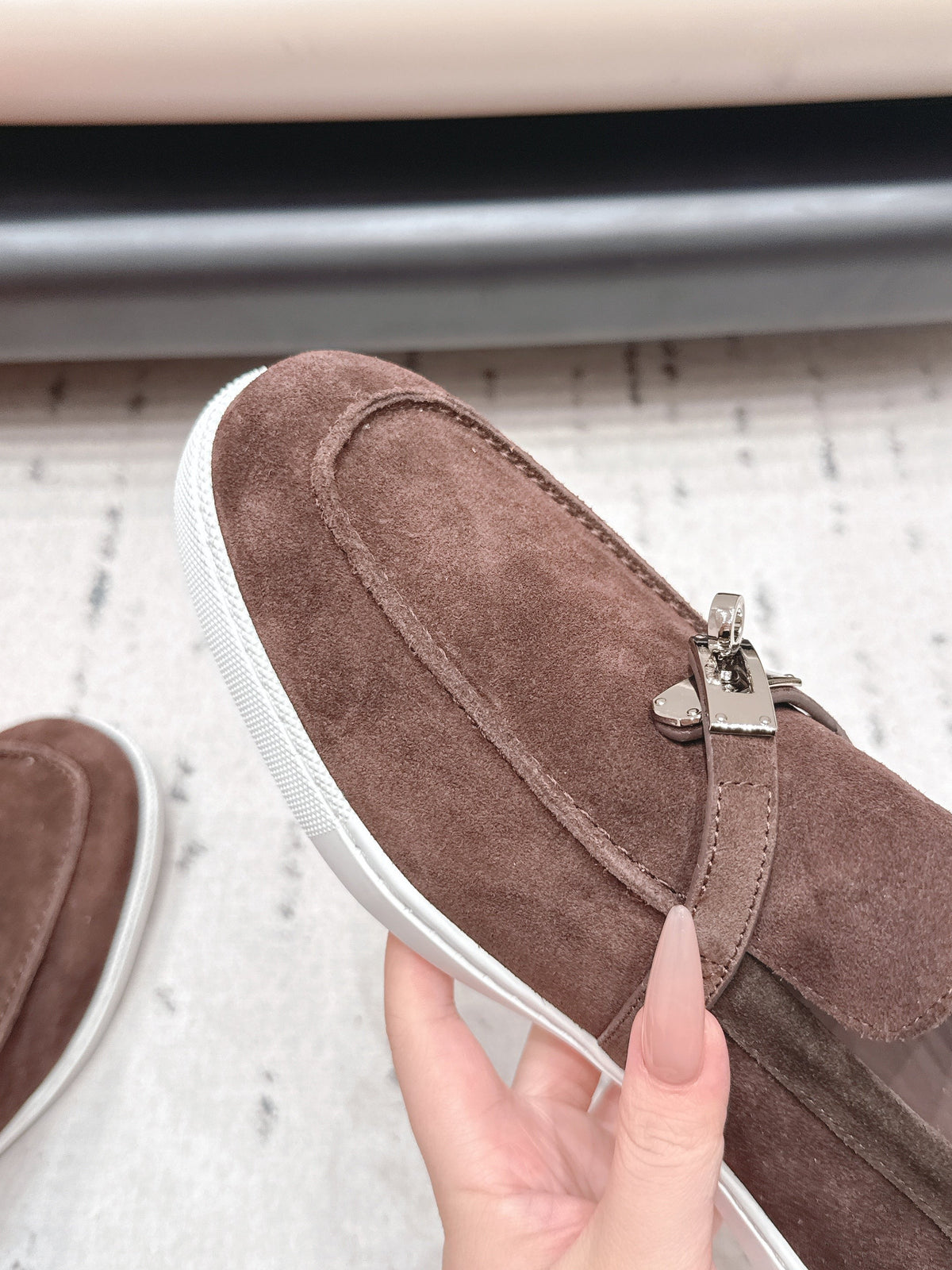 HM 26S Kelly Paris Loafers Dark Brown Suede Silver Hardware