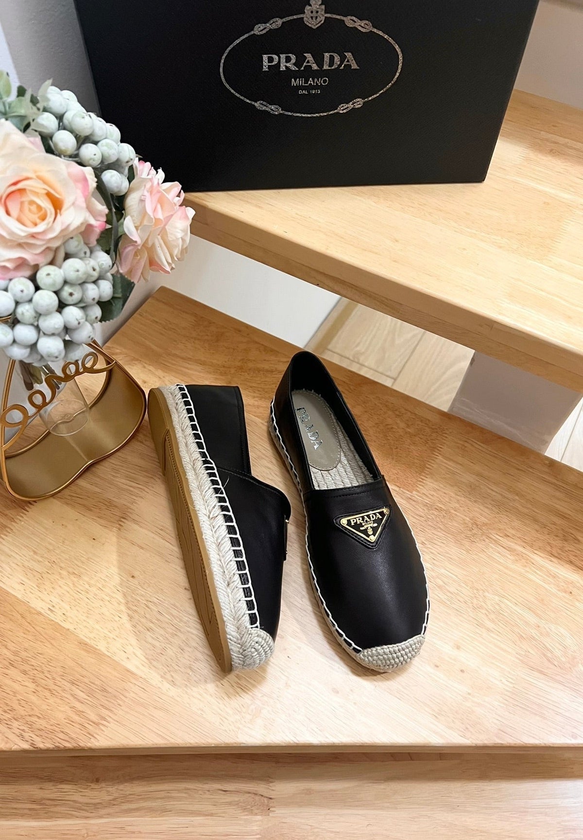 Prada 26s Logo Espadrille Slip On Flats Black Calfskin