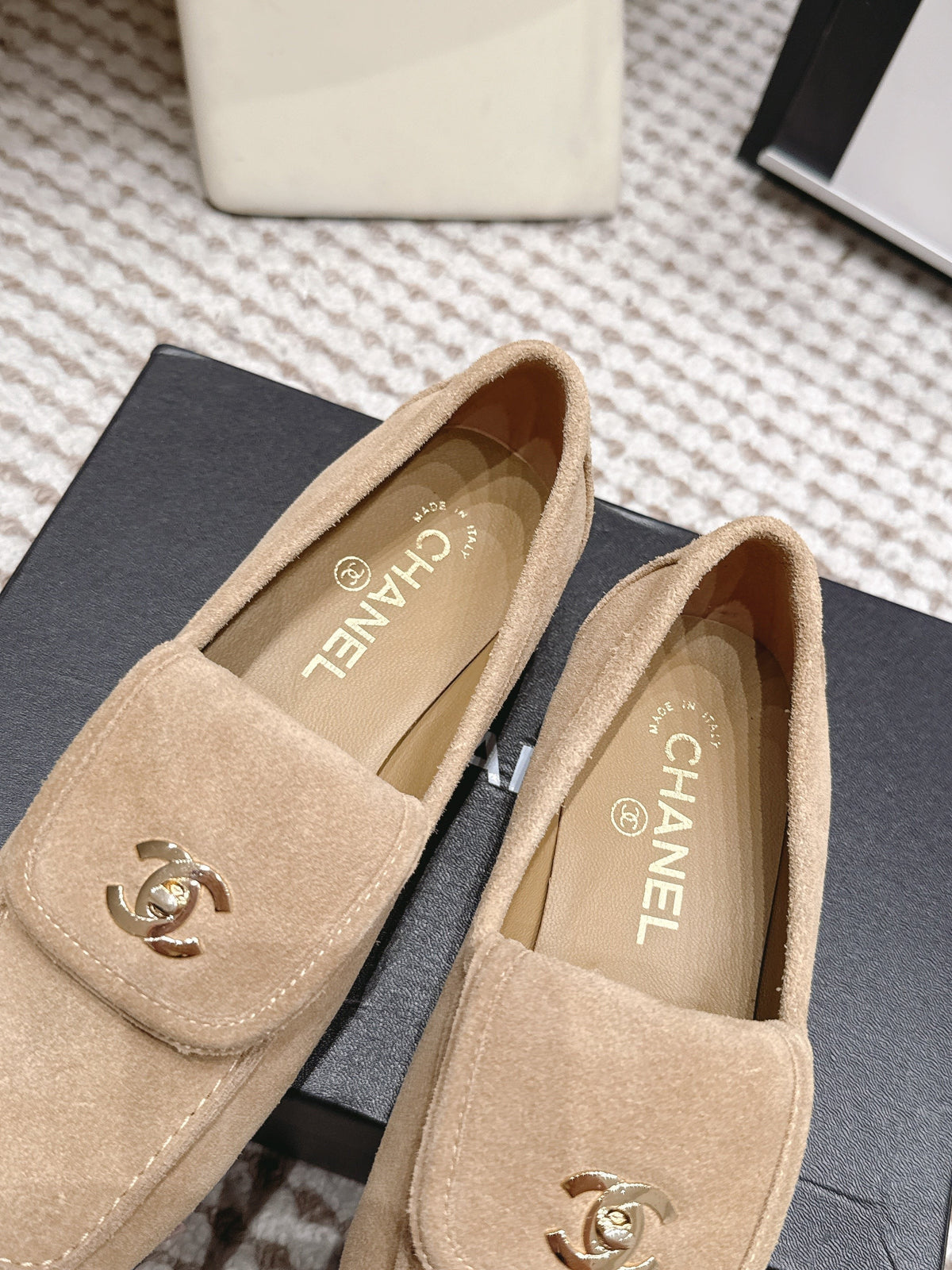 CC 26S Loafers in Beige Suede with Gold-Tone CC Logo
