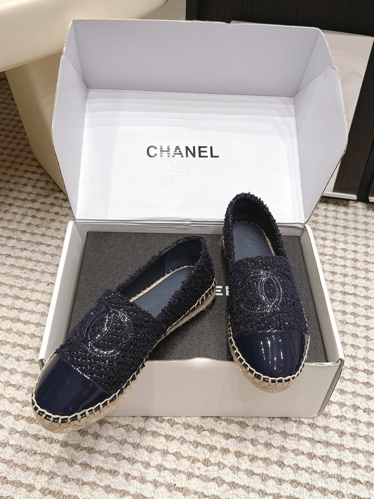 CC 26S Slip-Ons in Navy Blue Tweed and Patent Calfskin
