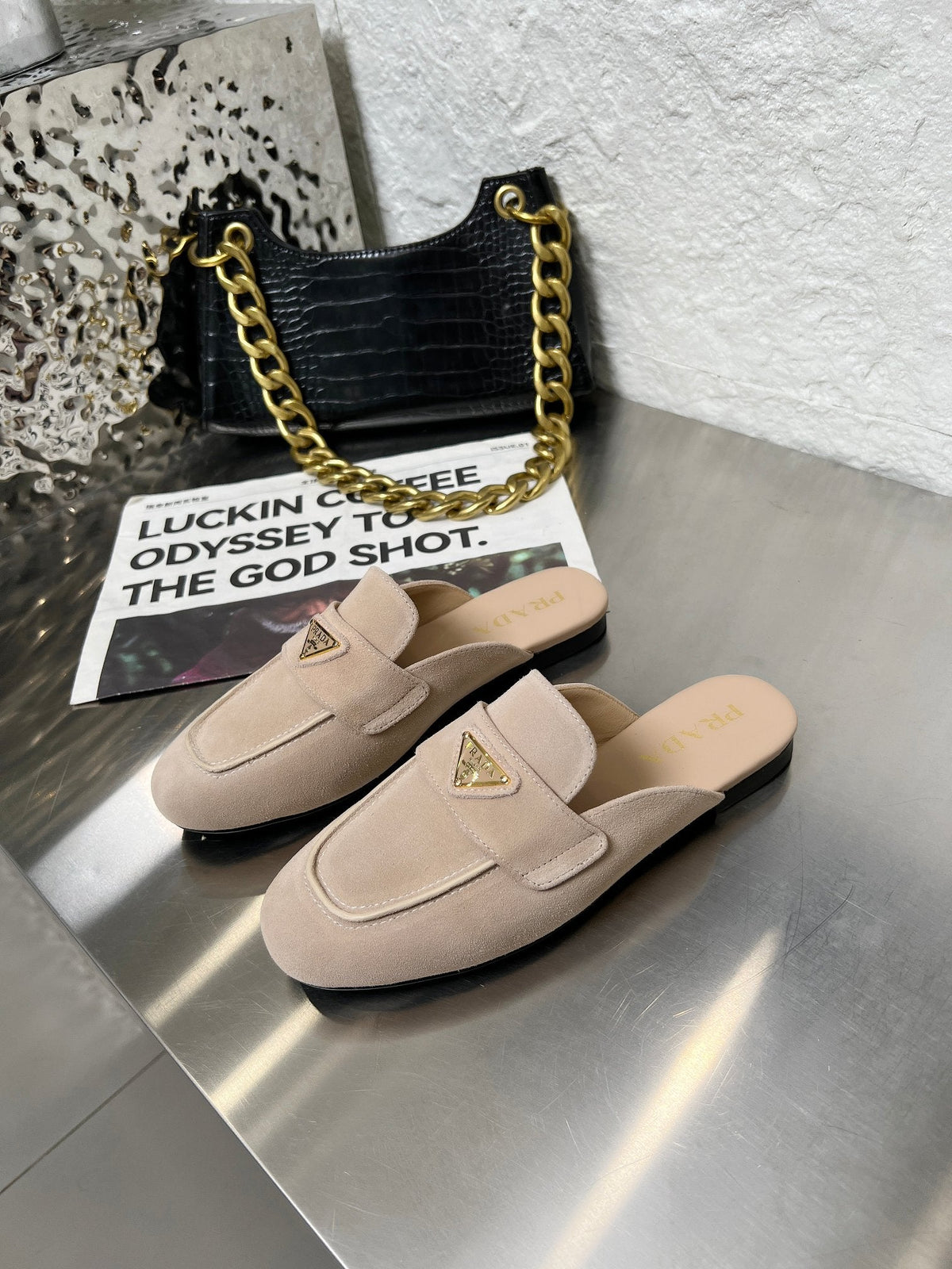 Prada 26s Mule Loafers Nude Beige Suede With Logo