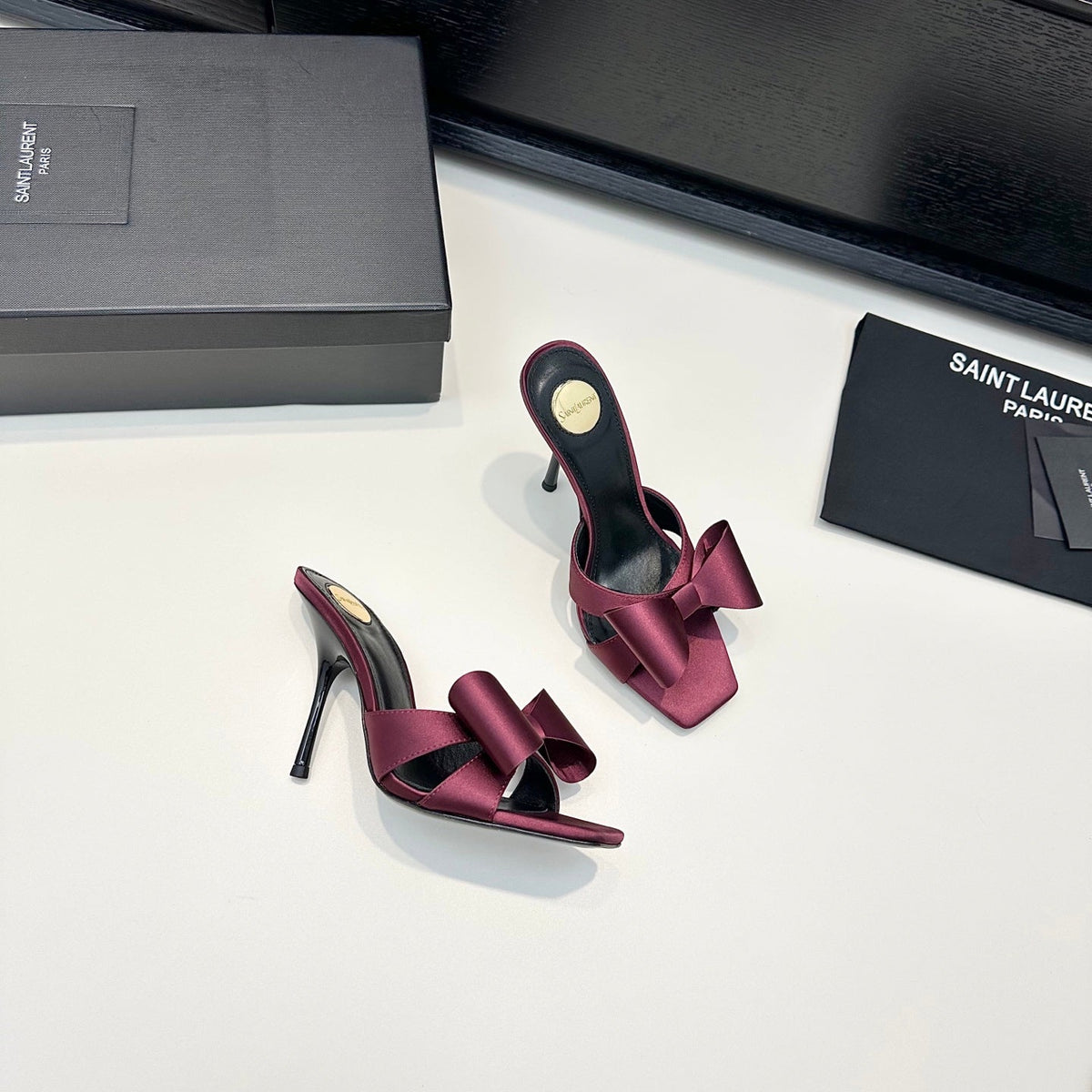 YSL 26S Heeled Sandals 105 Mm In Dark Red Satin