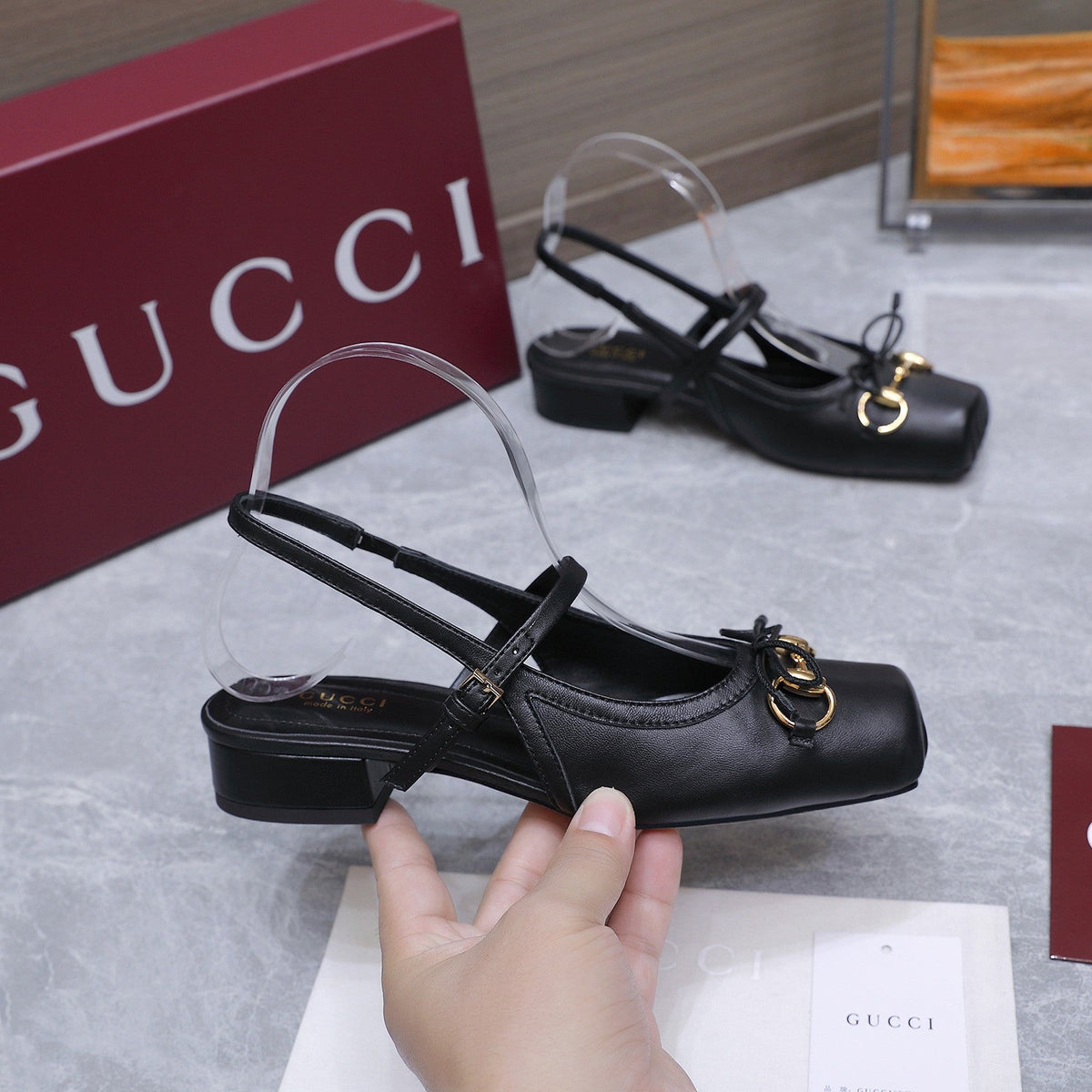 Gucci 26s Slingback Pumps Black Calfskin Gold Hardware