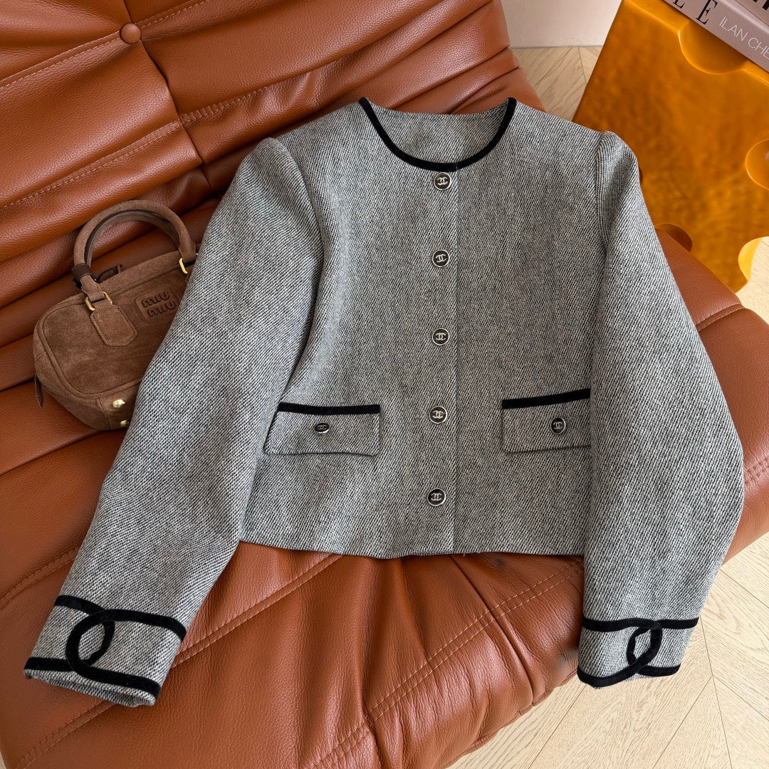 CC 26AW Double C Velvet-Trim Jacket Tone Buttons Grey Wool 438412