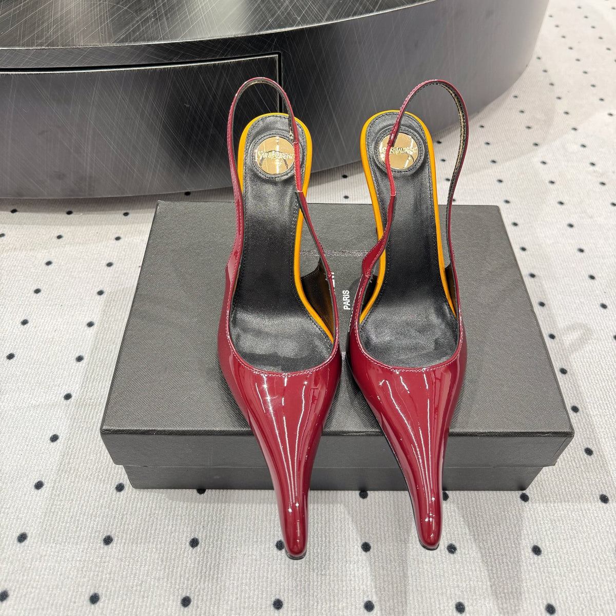 YSL 26s Pointed-Toe Slingback Heels 10.5cm Dark Red Orange Patent Calfskin