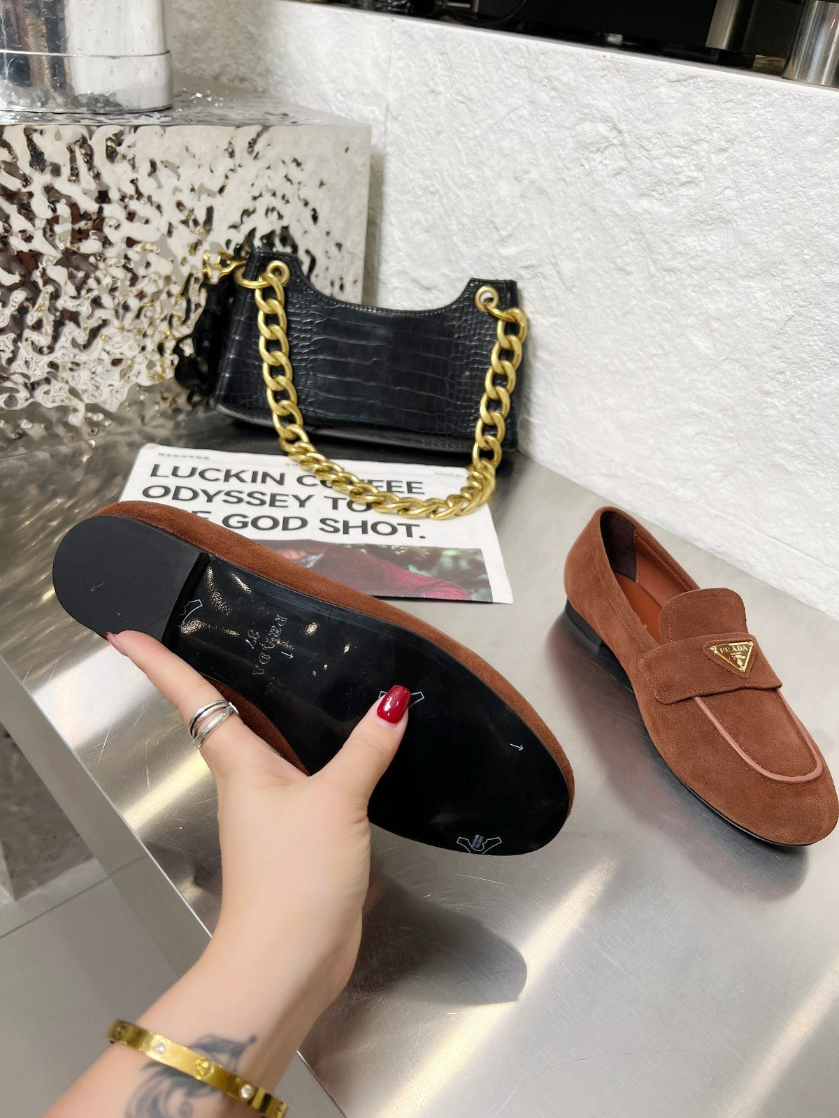 Prada 26S Classic Loafers Chocolate Brown Logo Suede