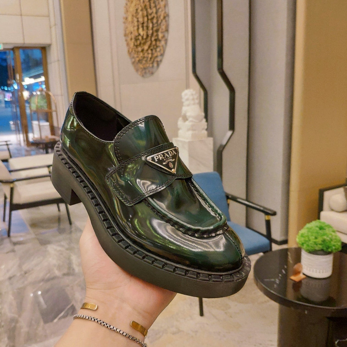 Prada 26S Penny Loafers 55mm Green Patent Calfskin