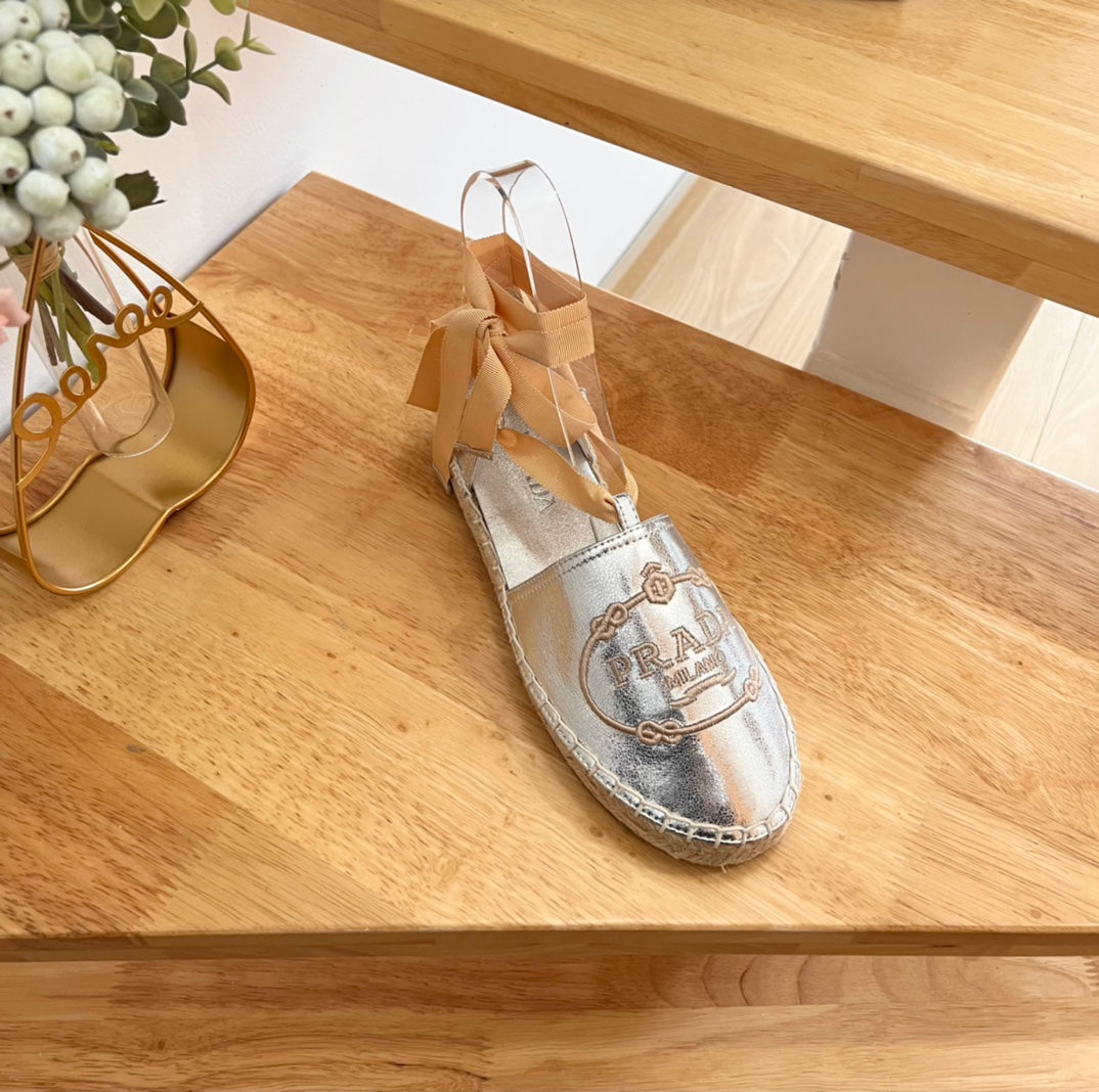 Prada 26s Lace Up Espadrille Flats Silver Calfskin