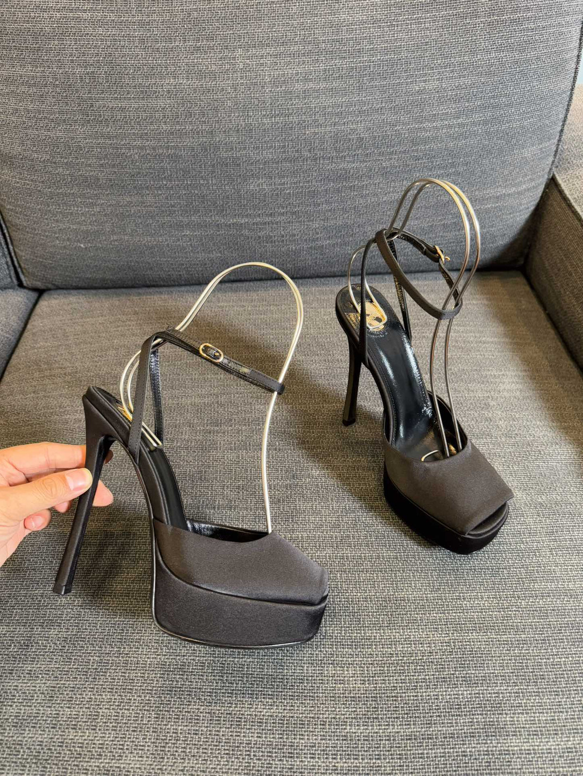 YSL 26S Platform Sandals 150 Mm Taupe And Black Satin