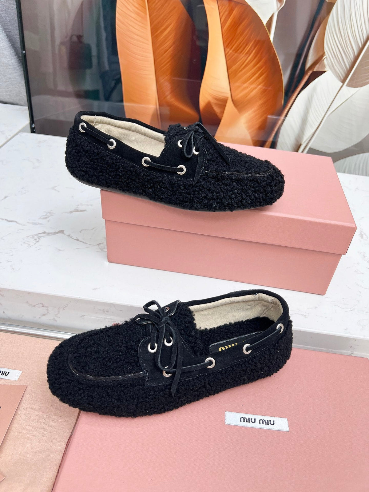Miumiu 26s Boat Loafers Black Shearling