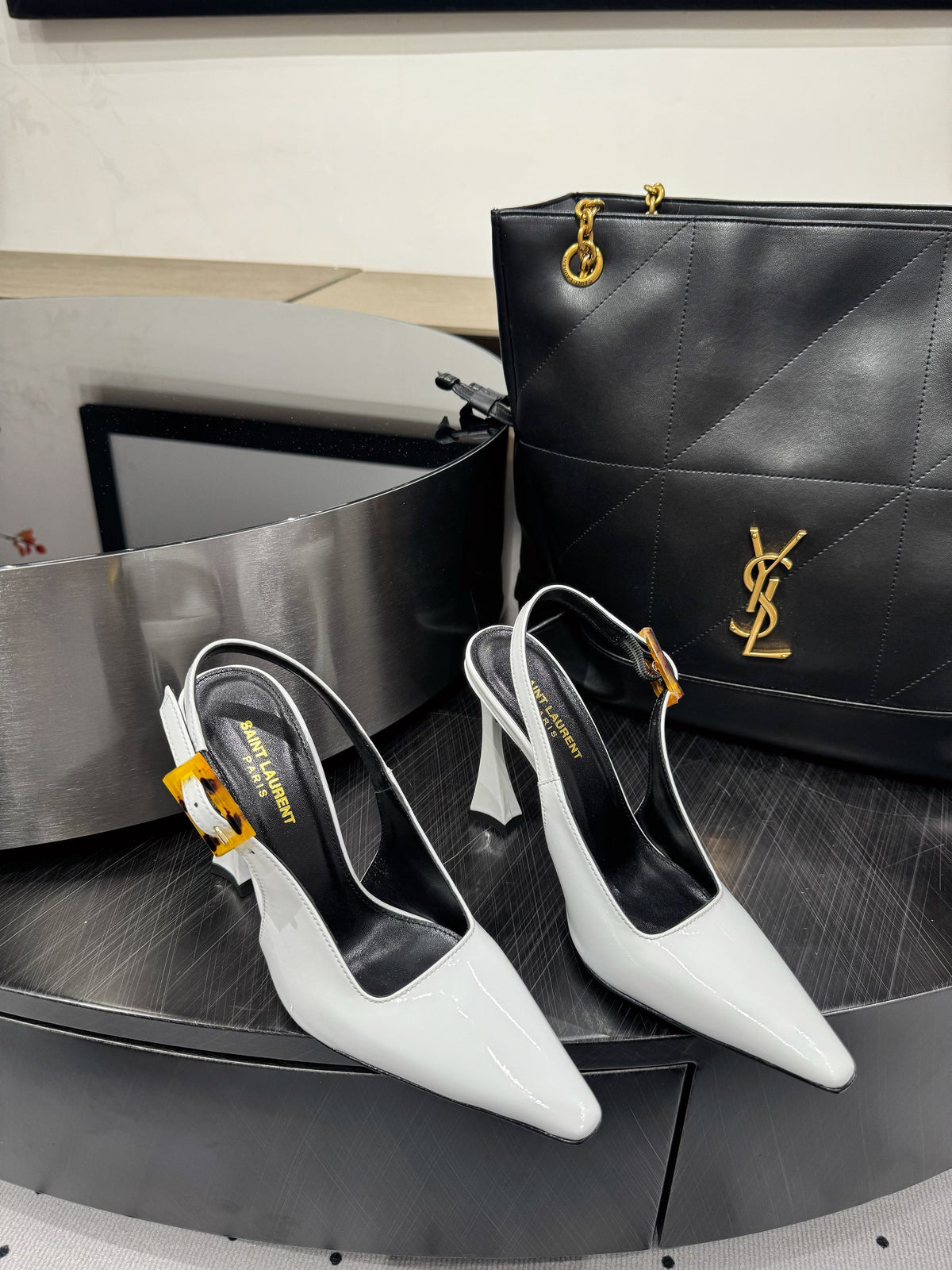 YSL 26s Slingback Heels 10.5cm White Glossy Calfskin With Buckle Closure