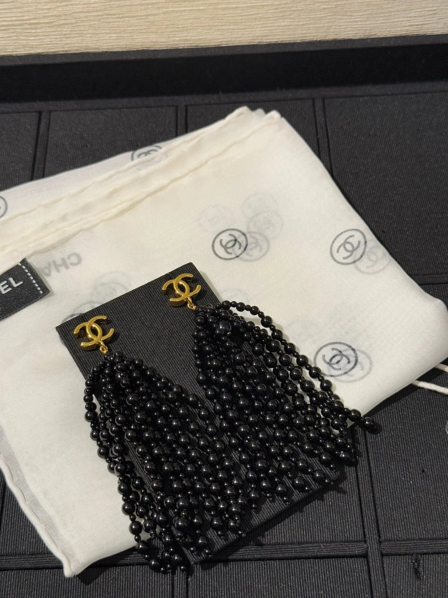 Chanel 2026 Black Beaded Tassel Earrings with Gold Double C Long Earrings