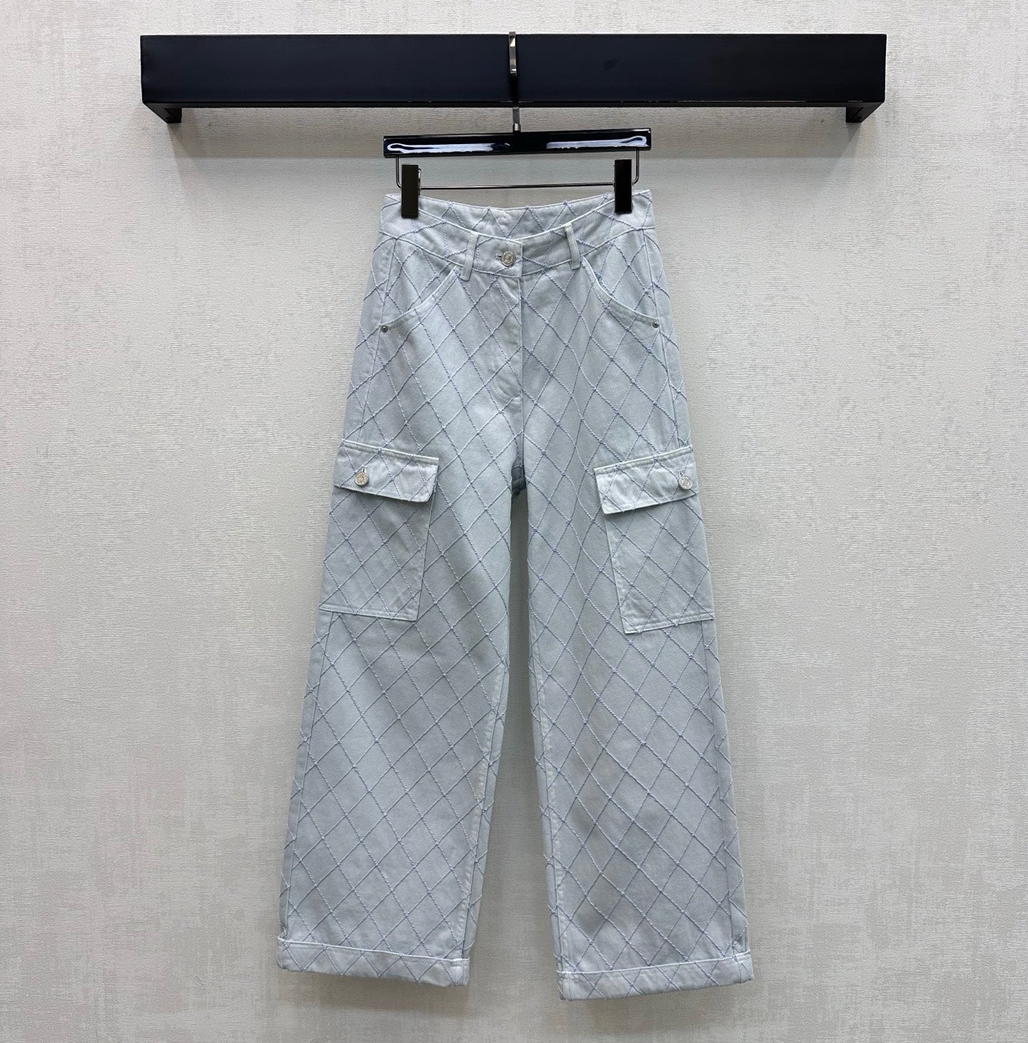 CC 26 Diamond-Patterned Denim Pants with Fold-Up Design in Cotton