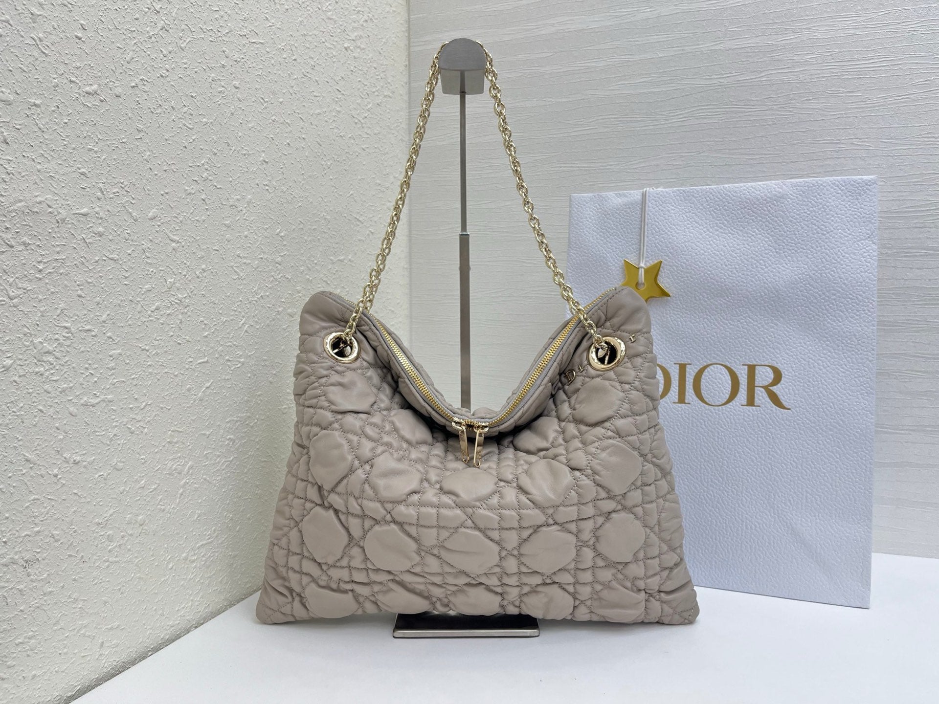 CD Small Cannage Quilted Tote Bag Light Taupe Cowhide 158104