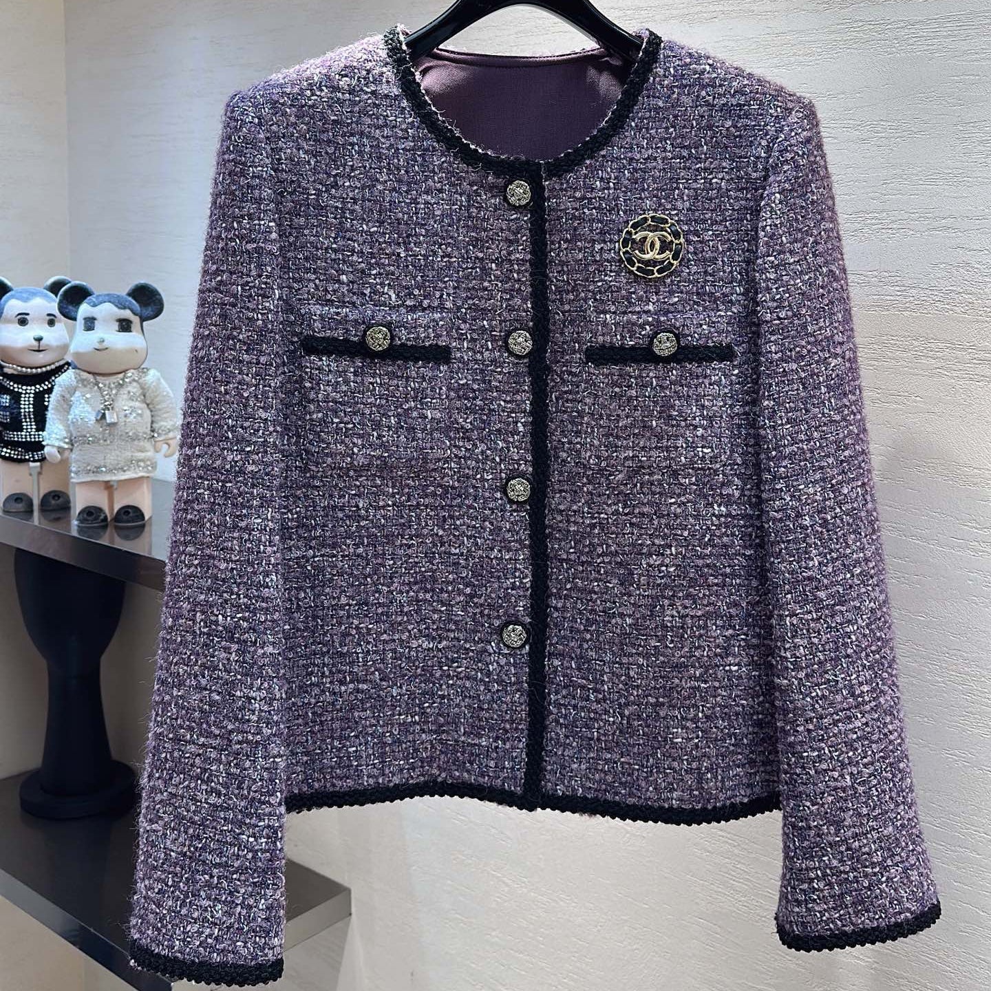 CC Rhinestone Pocket Jacket Gold Buttons Grape Purple Tweed 415599