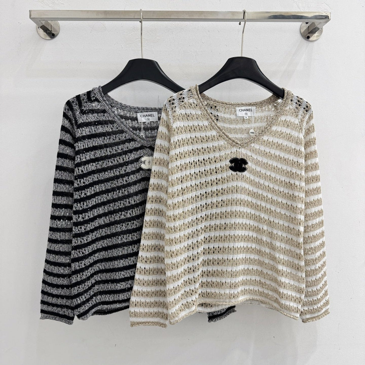 CC Striped V-Neck Sweater Double C Logo Wool 801965