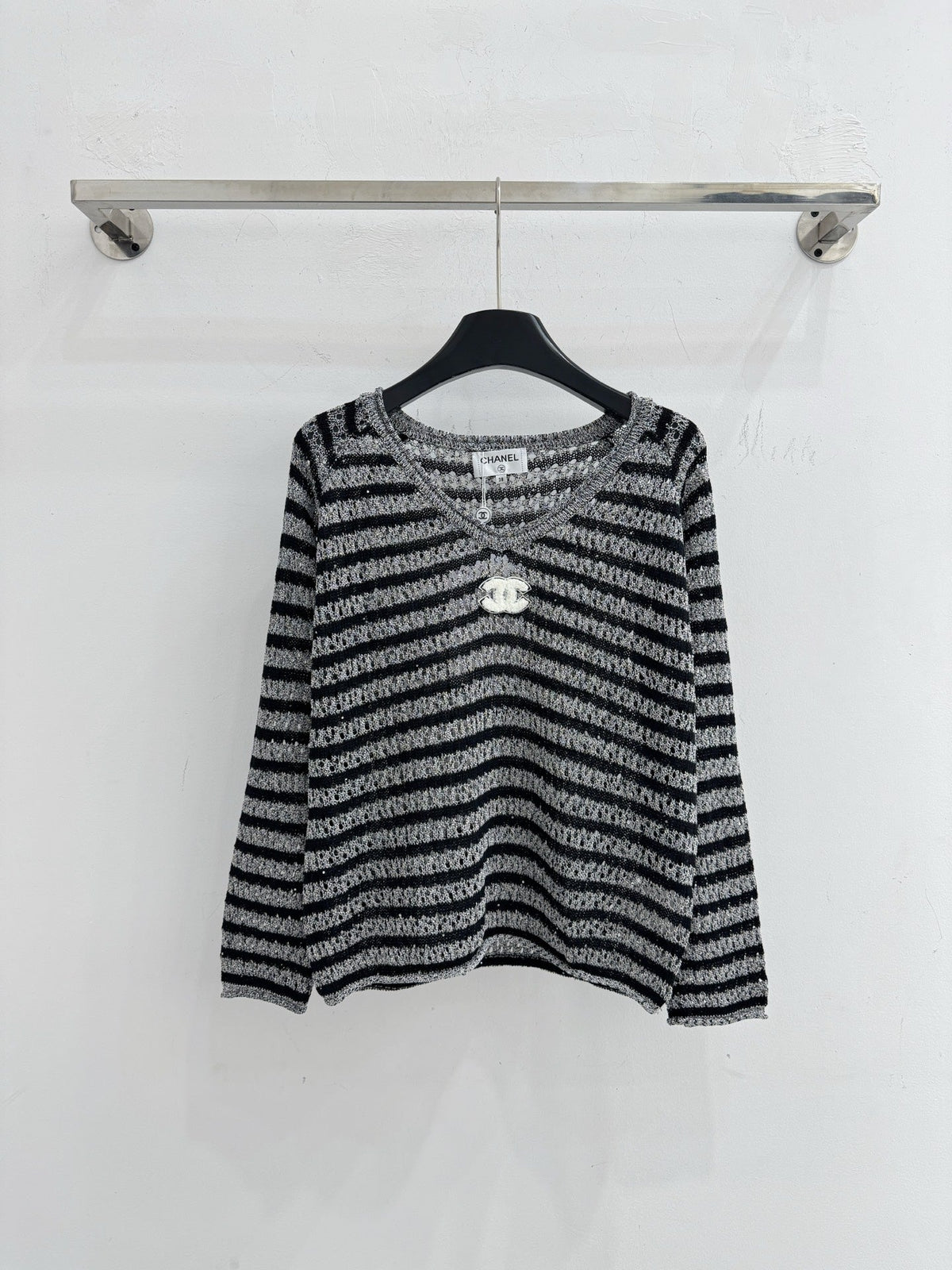 CC Striped V-Neck Sweater Double C Logo Wool 801965