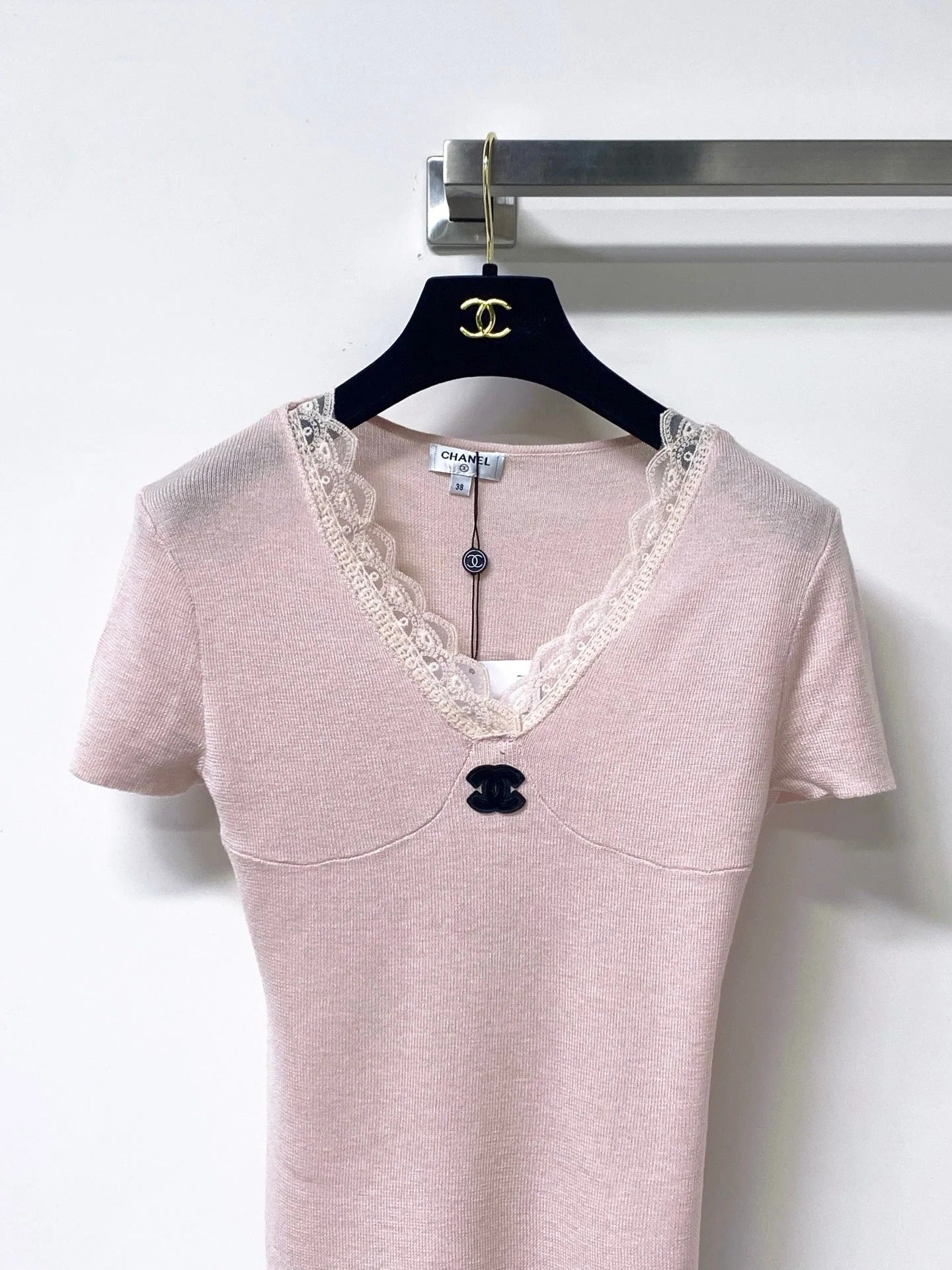 Chanel 2026 Lace V-neck Shirt Blue Pink Wool Cashmere 295236