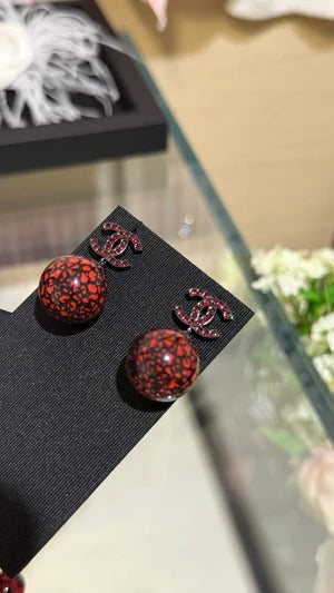 Chanel Double C Deep Red and Black Resin Ball Earrings