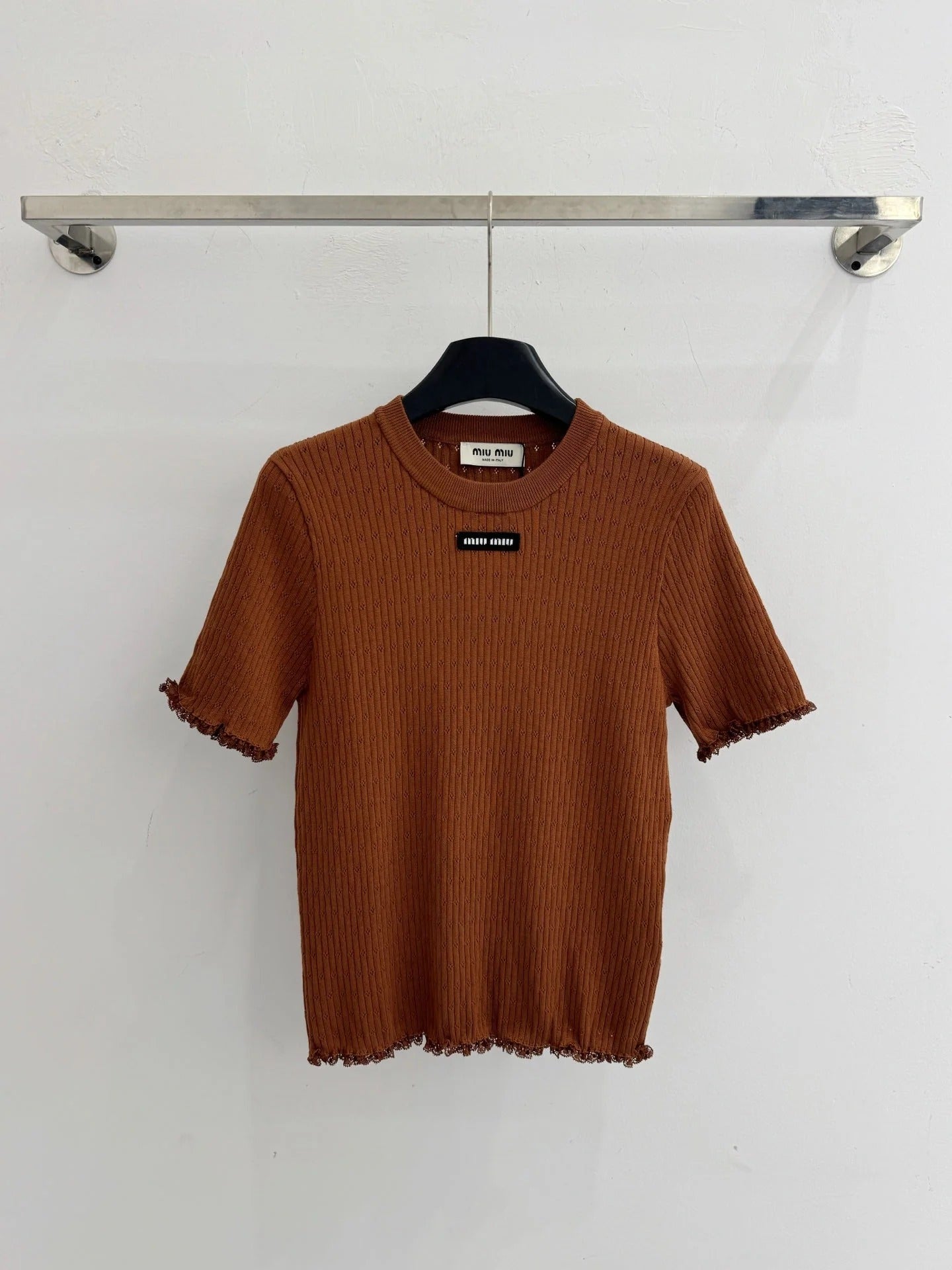 Miumiu 2026 Lace-trimmed Knit Short-sleeved Top Tencel Wool 179453