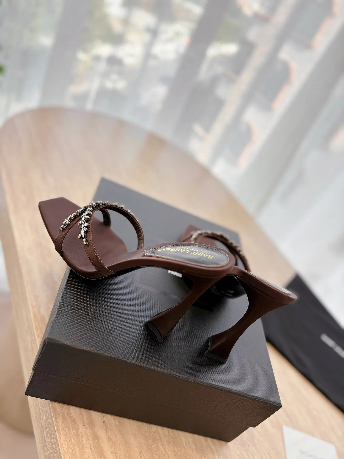Saint Laurent 2025 Liz 110mm Sandal Brown Satin With Crystal Embellishments