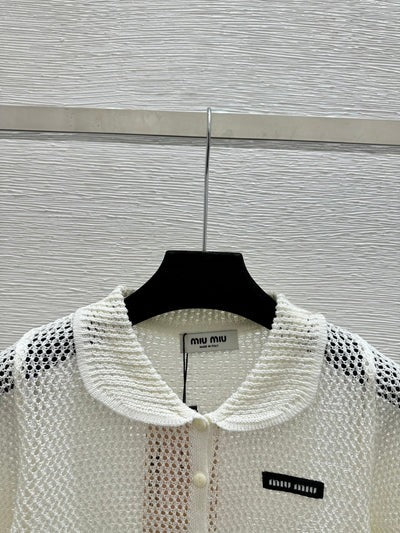Miumiu 2026 Hollow-Out Collar Knitted Short-Sleeve Cardigan 341442