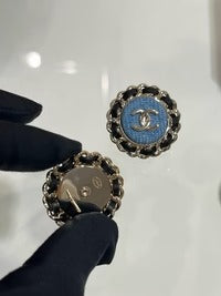 Chanel Gold Double C Leather-Threaded Chain Denim Round Stud Earrings