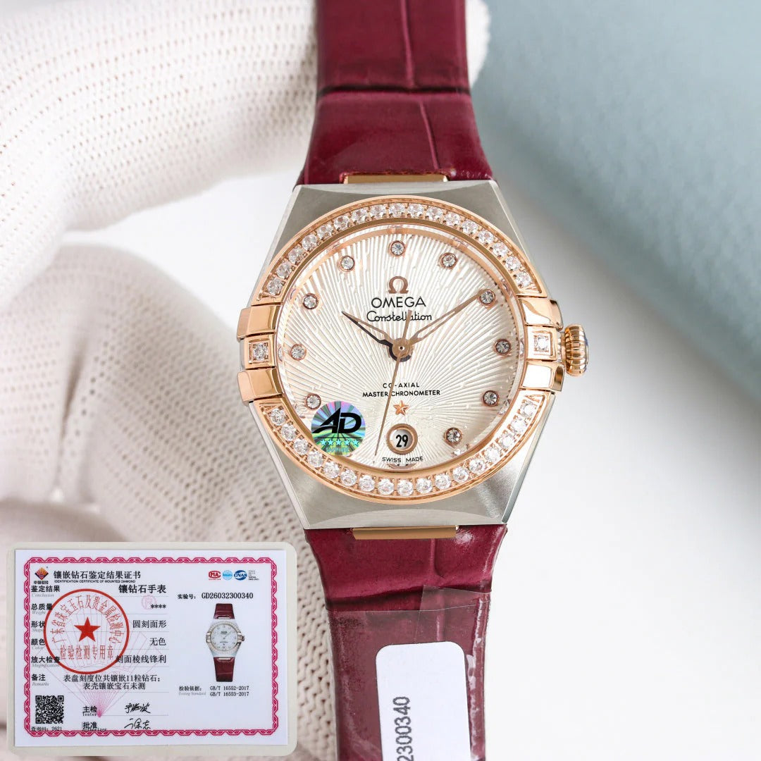 Omega Constellation 29mm Diamond Bezel Diamond Numerals Crocodile Leather