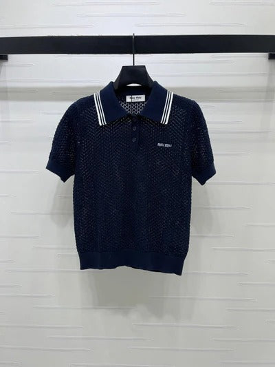 Miumiu 2026 Hollow-out Knitted Collared Short-sleeved T-shirt Wool Cashmere 374995