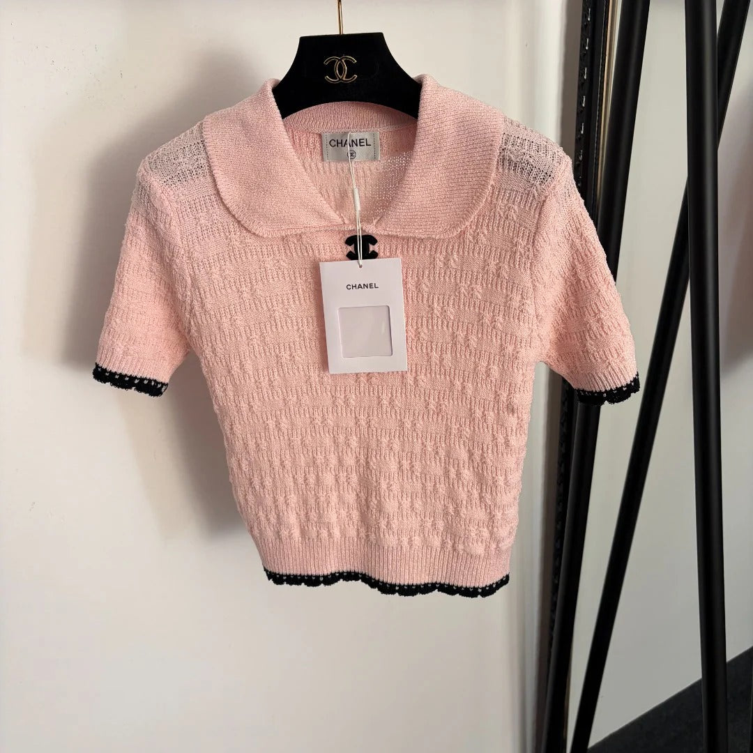 Chanel 2026 Pan Collar Knitted Short Sleeve Black Pink White Wool 120314