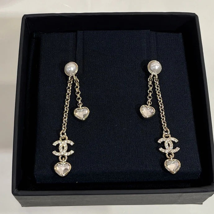 Chanel Light Gold Full Diamond Double C Heart Diamond Crystal Long Earrings
