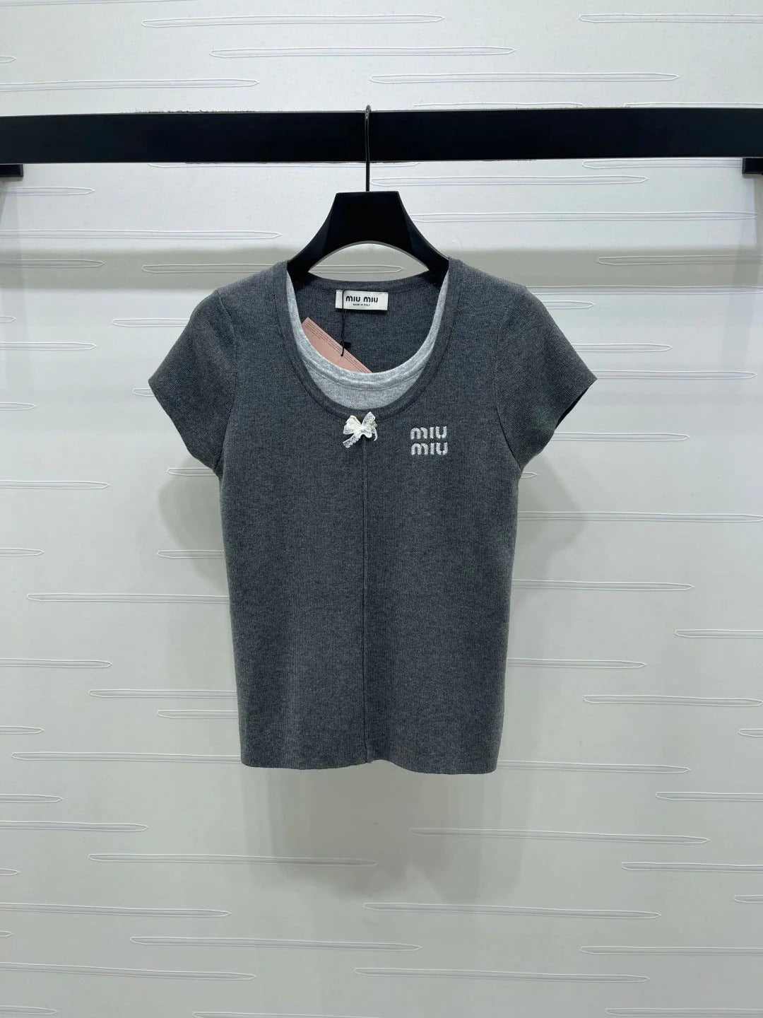 Miumiu 2026 Faux Two-piece Round Neck Knit Short-sleeved Top Wool 344359