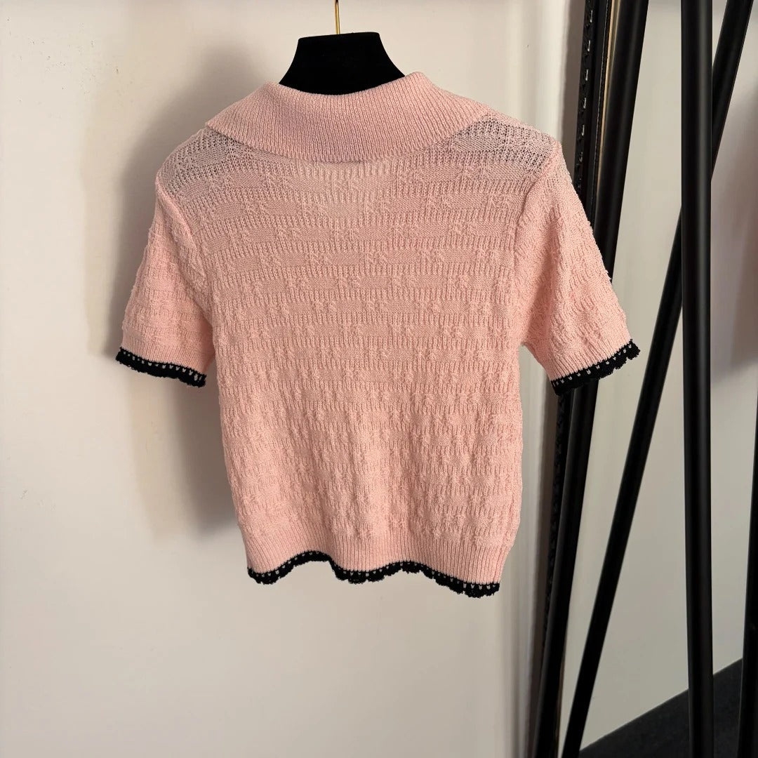 Chanel 2026 Pan Collar Knitted Short Sleeve Black Pink White Wool 120314