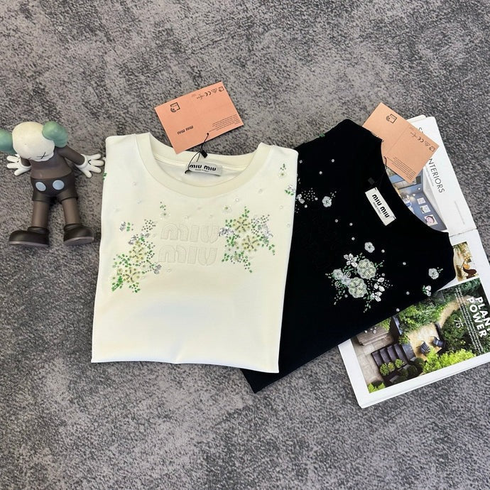 Miumiu 2026 Floral Embroidered Short-Sleeve T-Shirt Cotton 374766