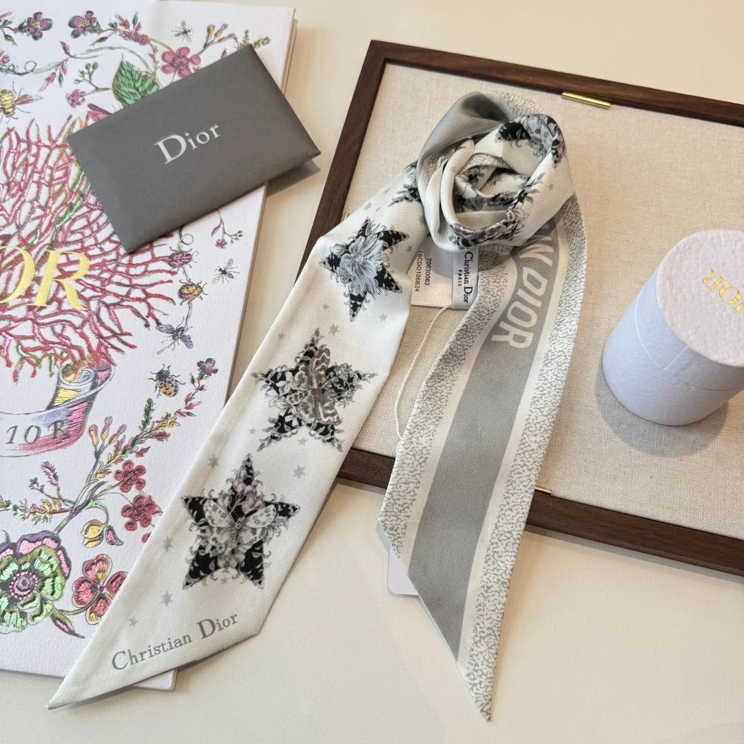 Dior 2026 Star Scarf 100cm White And Gray Silk 198691
