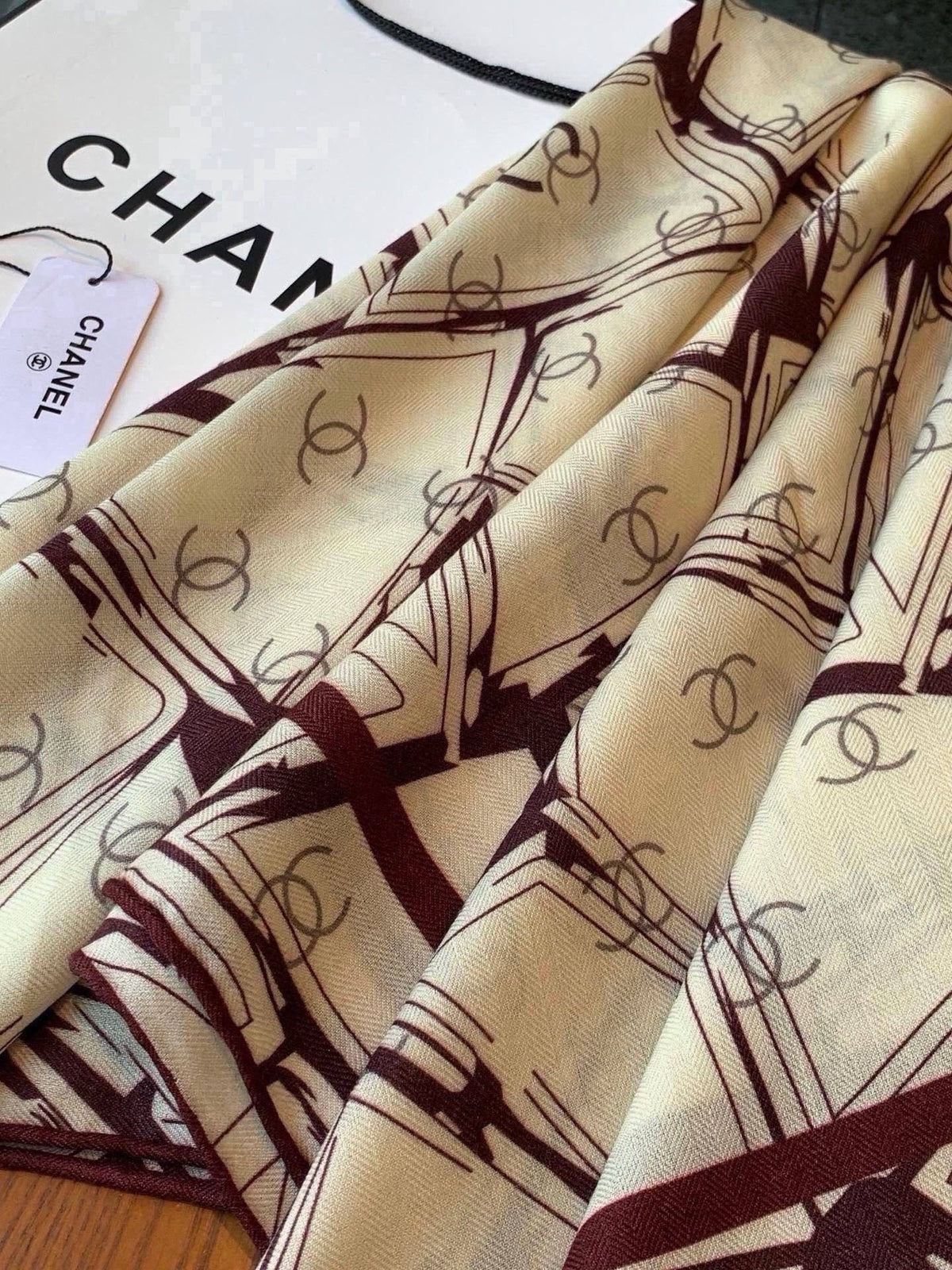 Chanel 2026 Geometric Scarf 135cm Burgundy White Silk And Cashmere 214970