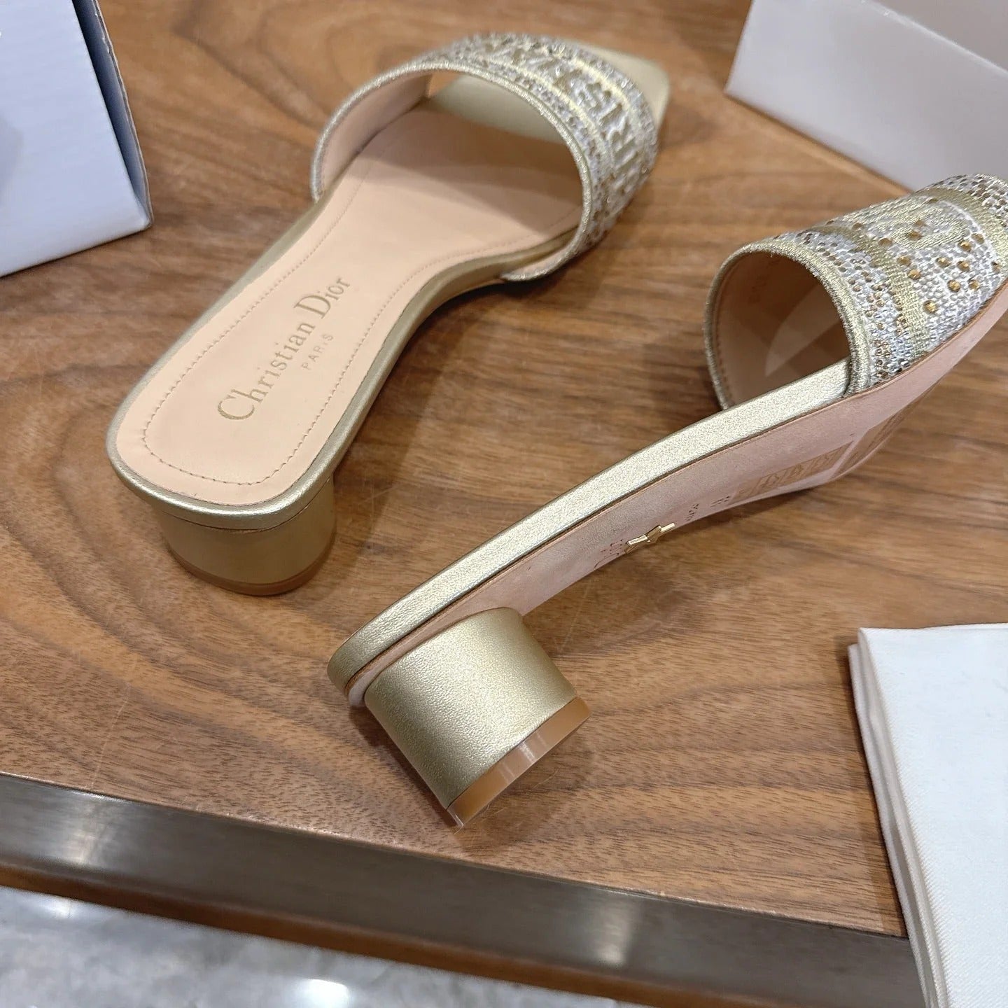 CD 26s Embroidered Sandals Gold Champage Canvas Leather 685616