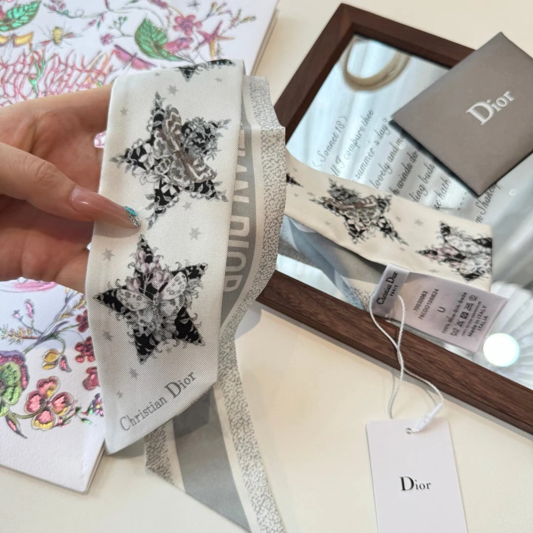 Dior 2026 Star Scarf 100cm White And Gray Silk 198691