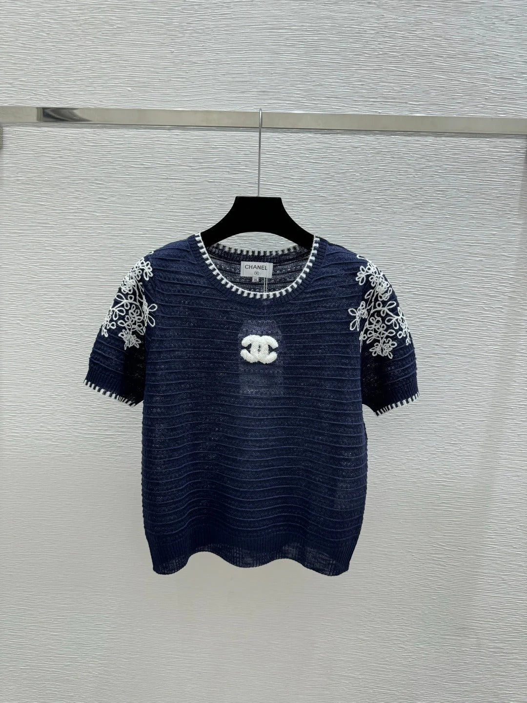Chanel 2026 Short-sleeved Shirt White and Navy Blue Tencel Wool 294572