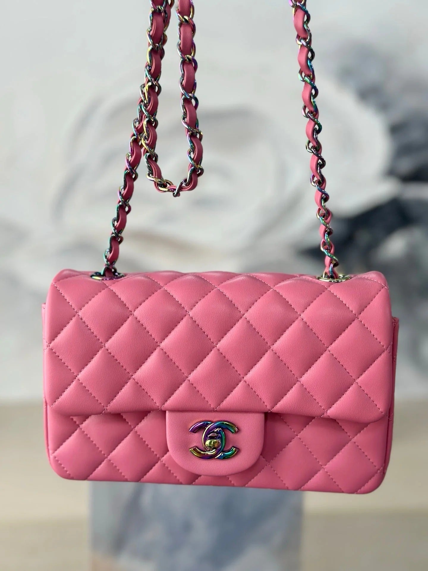 Chanel 2026 Flap Bag 20cm Pink Quilted Leather Rainbow Buckle